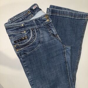 VTG River Island Y2K Low Rise Flare Jeans 34x29.5 12 Cyber Mall Goth Rivet Denim